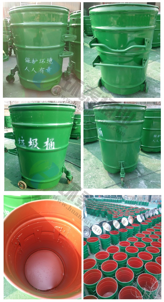 環(huán)衛(wèi)掛車綠色鐵皮圓形大鐵桶 綠色加固型環(huán)衛(wèi)掛車大鐵桶